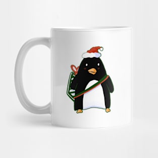 Christmas Penguin with santa hat and present Mug